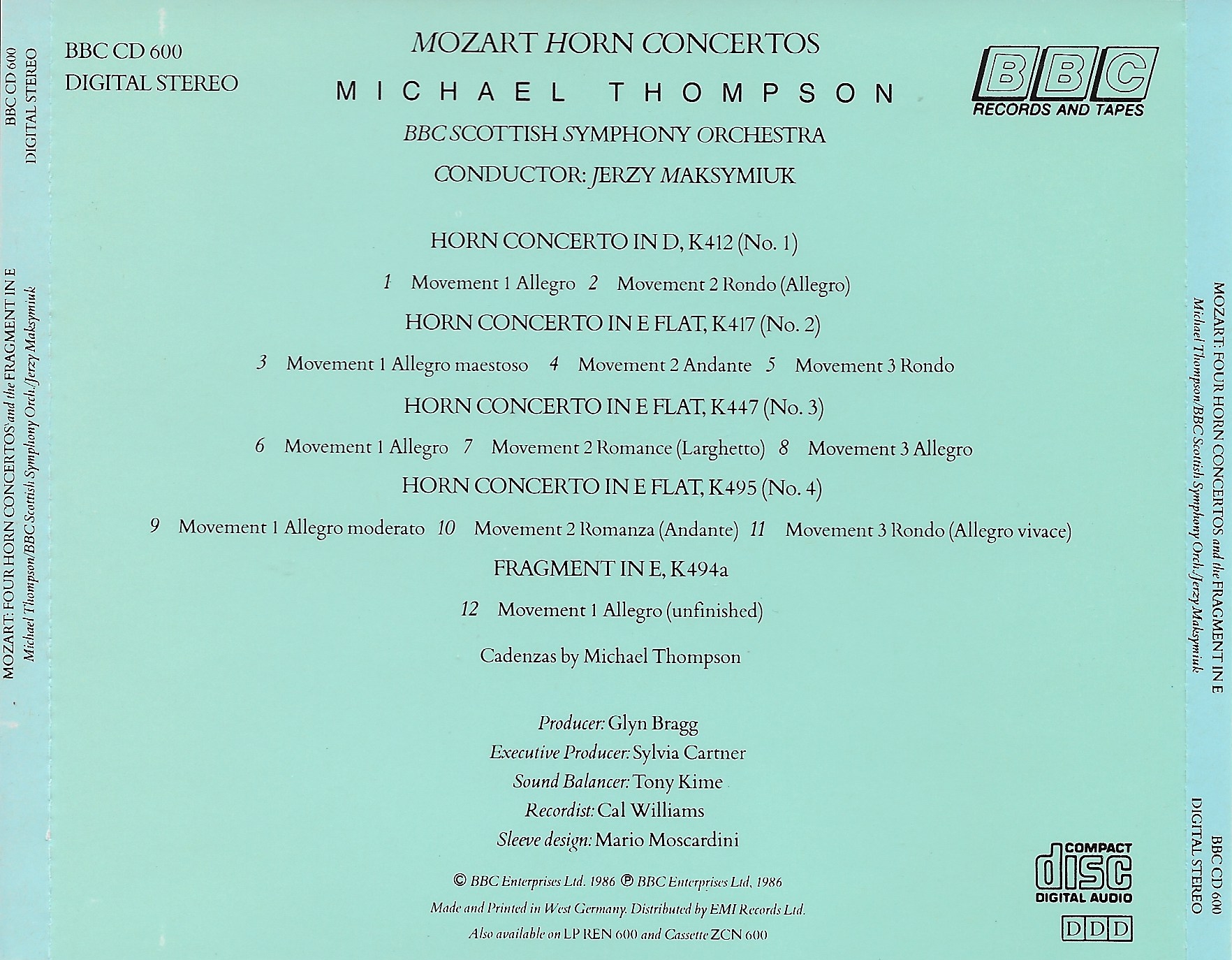 Picture of BBCCD600 Mozart - Four horn concertos and the fragment in E by artist Mozart from the BBC records and Tapes library
